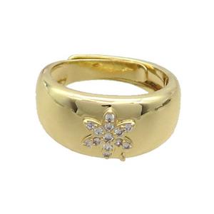 Copper Ring Pave Zircon Flower Adjustable Gold Plated, approx 9mm, 18mm dia [FN36455]