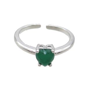 Copper Ring Pave Green Crystal Glass Heart Platinum Plated, approx 6mm, 18mm dia [FN36491]