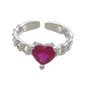 Copper Ring Pave Red Crystal Glass Heart Platinum Plated, approx 7mm, 18mm dia [FN36498]
