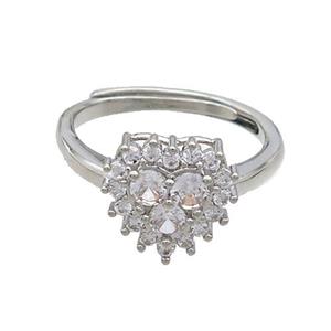 Copper Ring Pave Zircon Heart Adjustable Platinum Plated, approx 11mm, 18mm dia [FN36502]