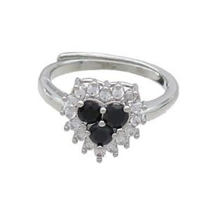 Copper Ring Pave Black Zircon Heart Adjustable Platinum Plated, approx 11mm, 18mm dia [FN36503]
