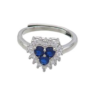 Copper Ring Pave Zircon Blue Heart Adjustable Platinum Plated, approx 11mm, 18mm dia [FN36505]