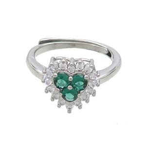 Copper Ring Pave Zircon Green Heart Adjustable Platinum Plated, approx 11mm, 18mm dia [FN36506]