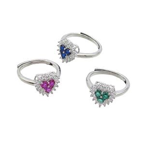 Copper Ring Pave Zircon Heart Adjustable Platinum Plated Mixed, approx 11mm, 18mm dia [FN36507]