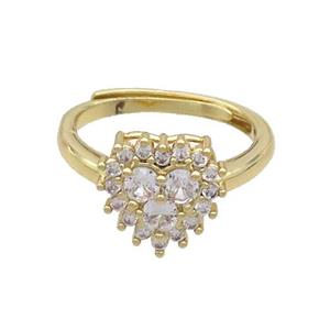 Copper Ring Pave Zircon Heart Adjustable Gold Plated, approx 11mm, 18mm dia [FN36508]