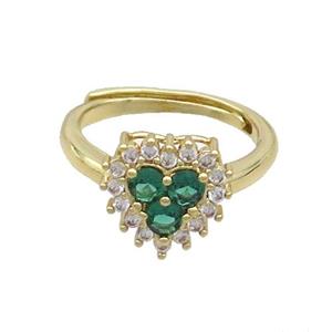 Copper Ring Pave Zircon Green Heart Adjustable Gold Plated, approx 11mm, 18mm dia [FN36510]