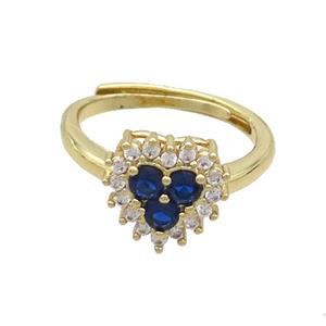 Copper Ring Pave Zircon Blue Heart Adjustable Gold Plated, approx 11mm, 18mm dia [FN36511]
