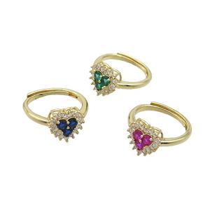 Copper Ring Pave Zircon Heart Adjustable Gold Plated Mixed, approx 11mm, 18mm dia [FN36513]