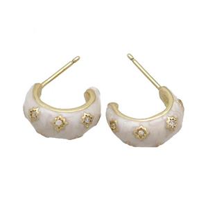 Copper Stud Earring Pave Zircon White Enamel Gold Plated, approx 14mm [FN36522]