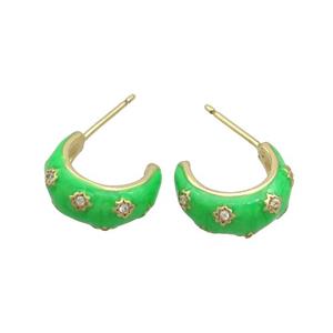 Copper Stud Earring Pave Zircon Green Enamel Gold Plated, approx 14mm [FN36525]