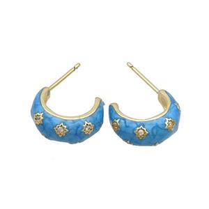Copper Stud Earring Pave Zircon Blue Enamel Gold Plated, approx 14mm [FN36526]