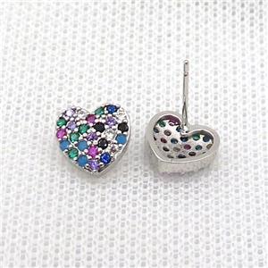 Copper Stud Earring Pave Zircon Heart Platinum Plated, approx 10mm [FN36539]