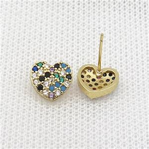Copper Stud Earring Pave Zircon Heart Gold Plated, approx 10mm [FN36540]