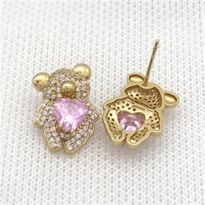 Copper Stud Earring Pave Zircon Bear Gold Plated, approx 14-20mm [FN36546]