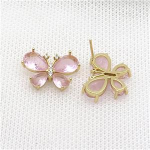 Copper Butterfly Stud Earring Pave Pink Crystal Glass Gold Plated, approx 15-20mm [FN36563]