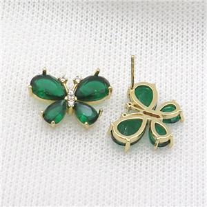 Copper Butterfly Stud Earring Pave Green Crystal Glass Gold Plated, approx 15-20mm [FN36564]