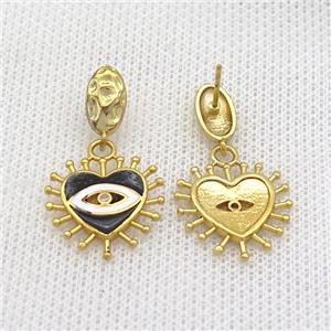 Copper Stud Earring Heart Black Enamel Eye Gold Plated, approx 18mm, 6-10mm [FN36566]