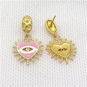 Copper Stud Earring Heart Pink Enamel Eye Gold Plated, approx 18mm, 6-10mm [FN36567]