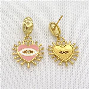 Copper Stud Earring Heart Pink Enamel Eye Gold Plated, approx 18mm, 6-10mm [FN36569]