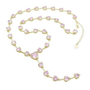 Copper Necklace Pave Zircon Pink Heart Gold Plated, approx 12mm, 8mm, 44-50cm length [FN36618]