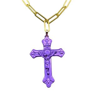 Copper Necklace Purple Lacquered Cross Gold Plated, approx 32-47mm, 5-15mm, 40-45cm length [FN36620]