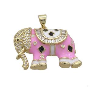 Copper Elephant Pendant Pave Zircon Pink Enamel Gold Plated, approx 20-30mm [FN36645]