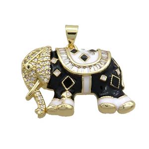 Copper Elephant Pendant Pave Zircon Black Enamel Gold Plated, approx 20-30mm [FN36646]