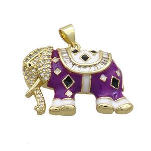Copper Elephant Pendant Pave Zircon Purple Enamel Gold Plated, approx 20-30mm [FN36648]