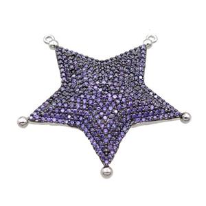 Copper Star Pendant Pave Purple Zircon 2loops Platinum Plated, approx 38mm [FN36688]