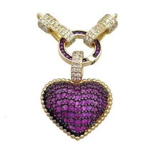 Copper Heart Pendant Pave Fuchsia Zircon 2loops Gold plated, approx 12mm, 19mm [FN36723]