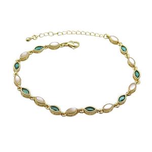 Copper Bracelets Pave Zirocn Green Eye Gold Plated, approx 4-7mm, 18-24cm length [FN36735]