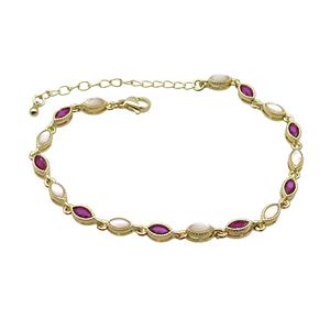Copper Bracelets Pave Zirocn Fuchsia Eye Gold Plated, approx 4-7mm, 18-24cm length [FN36736]