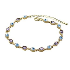 Copper Bracelets Pave Purple Zirocn Teardrop Evil Eye Gold Plated, approx 5-7mm, 18-24cm length [FN36750]