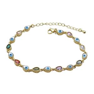Copper Bracelets Pave Multicolor Zirocn Teardrop Evil Eye Gold Plated, approx 5-7mm, 18-24cm length [FN36754]