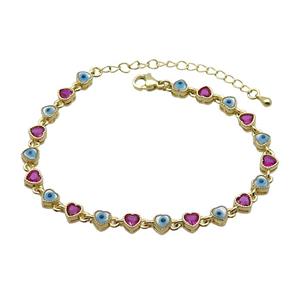 Copper Bracelets Pave Fuchsia Zirocn Heart Evil Eye Gold Plated, approx 5mm, 18-24cm length [FN36763]