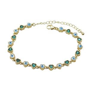Copper Bracelets Pave Green Zirocn Heart Evil Eye Gold Plated, approx 5mm, 18-24cm length [FN36765]
