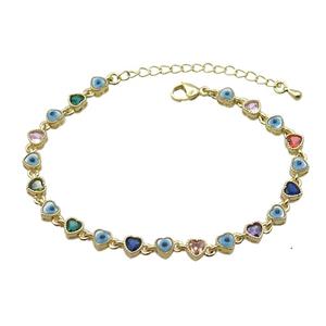 Copper Bracelets Pave Multicolor Zirocn Heart Evil Eye Gold Plated, approx 5mm, 18-24cm length [FN36766]