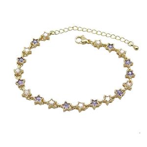 Copper Bracelets Pave Purple Zirocn Star Gold Plated, approx 6mm, 18-24cm length [FN36768]