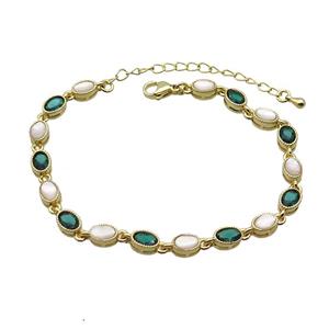 Copper Bracelets Pave Green Zirocn Oval Gold Plated, approx 5-7mm, 18-24cm length [FN36783]