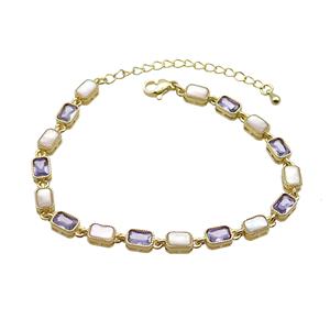 Copper Bracelets Pave Purple Zirocn Rectangle Gold Plated, approx 5-7mm, 18-24cm length [FN36792]