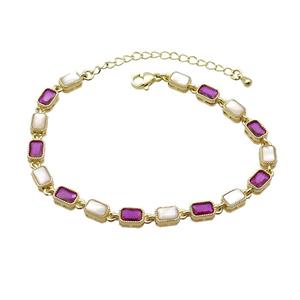 Copper Bracelets Pave Fuchsia Zirocn Rectangle Gold Plated, approx 5-7mm, 18-24cm length [FN36794]