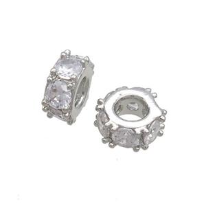 Copper Rondelle Beads Pave Zircon Large Hole Platinum Plated, approx 7mm [FN36813]