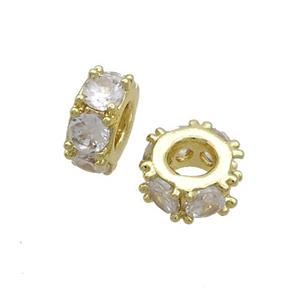 Copper Rondelle Beads Pave Zircon Large Hole Gold Plated, approx 7mm [FN36814]