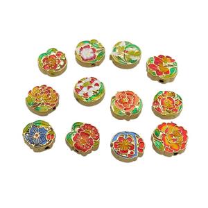 Copper Flower Beads Multicolor Cloisonne Gold Plated, approx 10-12mm [FN36825]
