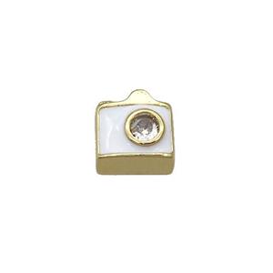 Copper Camera Charm Beads Pave Zircon White Enamel Gold Plated, approx 9-10mm [FN36884]