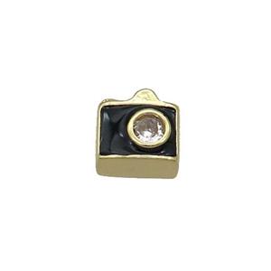 Copper Camera Charm Beads Pave Zircon Black Enamel Gold Plated, approx 9-10mm [FN36885]