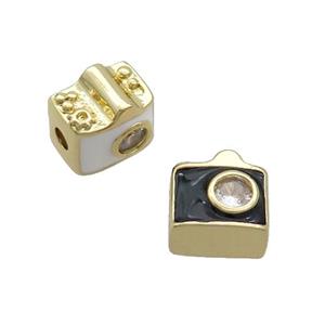 Copper Camera Charm Beads Pave Zircon Enamel Gold Plated Mixed, approx 9-10mm [FN36886]