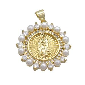 Copper Virgin Mary Charms Pendant Pave Pearlized Plastic Circle Gold Plated, approx 22mm [FN36900]