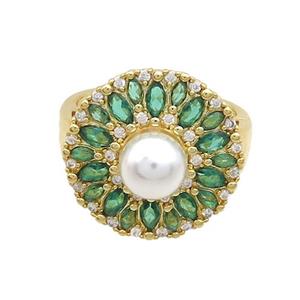 Copper Ring Pave Zircon Green Gold Plated, approx 7mm, 19mm, 18mm dia [FN36918]
