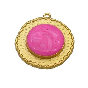 Copper Circle Pendant Hotpink Enamel Gold Plated, approx 25mm [FN36943]